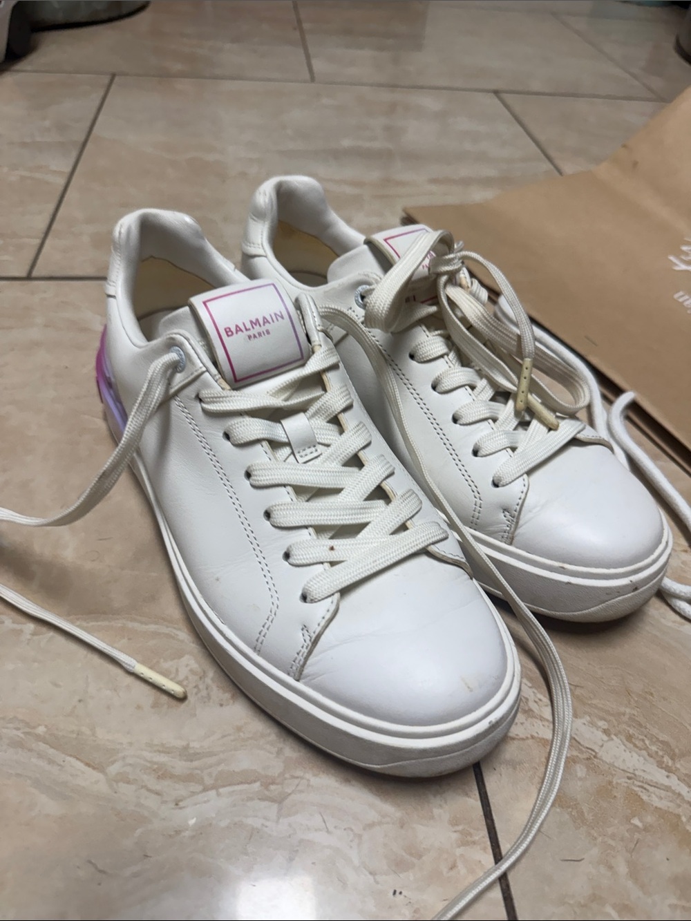 Balmain Cream White Sneakers with Pink Gradient Heel